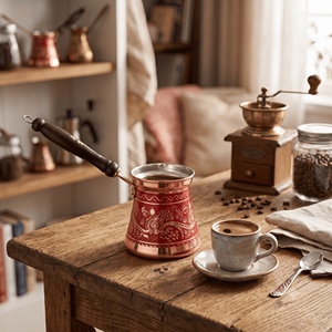 Cafetera turca de cobre esmaltado con rubí, estilo vintage, Cezve, Ibrik árabe, Briki griega, calentador de leche para estufa con mango de madera - Product Image 2
