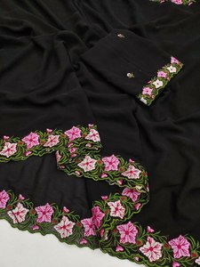 Sari de georgette sintético en colores pastel para mujer, con intrincado bordado multihilo, elegante atuendo étnico para fiestas, ropa festiva. - Product Image 2