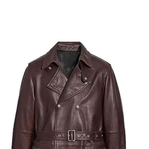 HARAZ INTERNATIONAL Blouson de moto imperméable en cuir véritable pour homme, col rabattable, logo frontal, doublure Sherpa, couleur unie - Product Image 3
