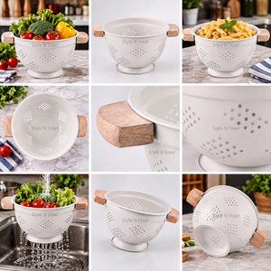 White <b>Stainless</b> <b>Steel</b> <b>Colander</b> Wooden Handle Strainer Basket with Stable Base for Pasta Fruit and Vegetable Washing - Product Image 4