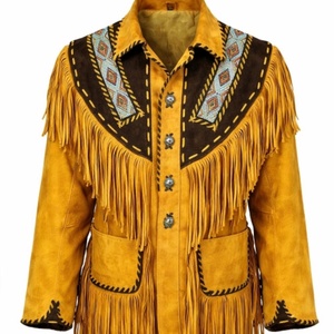 High Quality Handmade Men Yellow <b>Suede</b> Fringe <b>Jacket</b> with Tribal Embroidery Western Fashion Wholesale Manufacturer - Product Image 1