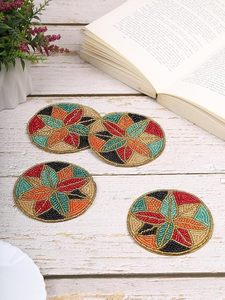 Handmade Beaded Printed Multicolor <b>Matte</b> Finish Coasters for Cups Dining <b>Table</b> Decor - Product Image 3