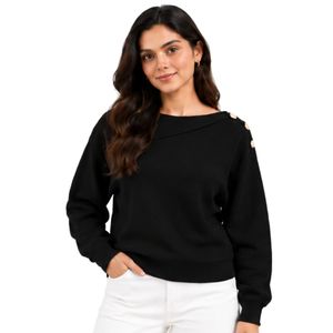 <b>Womens</b> Classic <b>Black</b> Knit Sweater Asymmetric Neckline Gold Button Shoulder Detail <b>Long</b> <b>Sleeve</b> Casual Pullover Fashion Winter <b>Top</b> - Product Image 1