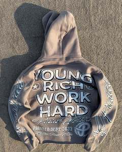 Sudadera con capucha de algodón grueso para hombre, estilo urbano, corta, con patchwork, lavado ácido, efecto desgastado, logotipo personalizado, cremallera, bordado, teñido liso - Product Image 2