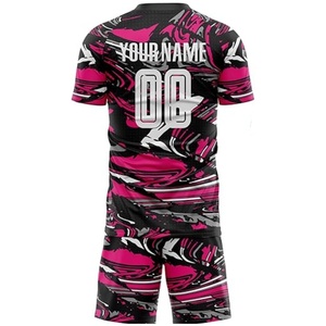 Ensemble de maillots de football personnalisés sublimés blanc rose bleu avec nom d'équipe, anti-transpiration, manches courtes, uniforme adulte unisexe toutes saisons - Product Image 2