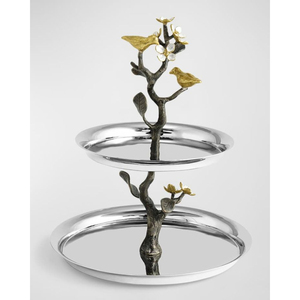 Eye Catching Look Two Tier Stainless Steel Cake Stand With Tree Branch Design Gold Birds And Flowers Decorative Dessert Tray - Product Image 1