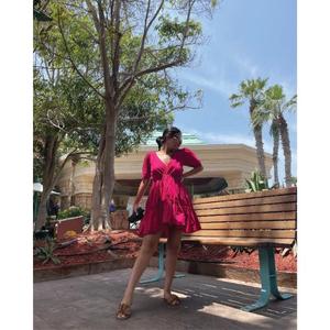 Handmade 100% Cotton <b>Pink</b> Color V Neck Mini Dress with Short Sleeves Tiered Hem And Drawstrings In Front Party <b>Bear</b> Dress - Product Image 3