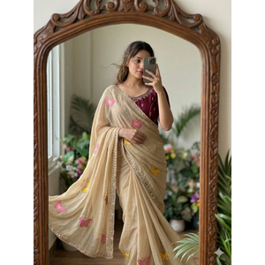 Sari de seda beige con bordado de mariposas y blusa color granate para mujer, ropa tradicional india, informal, largo hasta el suelo, corte regular. - Product Image 1