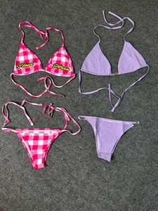 Women Bikini Set Triangle Bikini <b>Swimsuit</b> <b>Thong</b> Beachwear Adjustable Strap Pink Plaid Purple - Product Image 1