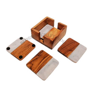 Ensemble de sous-verres artisanaux en bois d'acacia et résine avec support en fer, design marbre résine, décoration d'intérieur - Product Image 4
