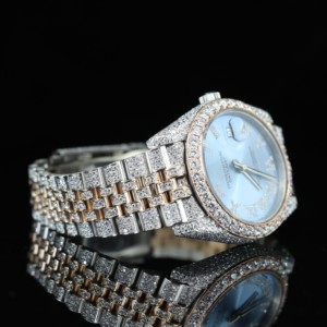 Montre Perpetual pour femme 43 mm, cadran bleu, verre à aiguilles, quartz, lunette sertie de diamants, bracelet en acier inoxydable, luxe et mode - Product Image 3