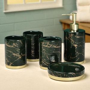 Juego de baño de cerámica con efecto de mármol verde de lujo, dispensador de jabón redondo, soporte para cepillos de dientes, dos piezas, fácil de limpiar - Product Image 2