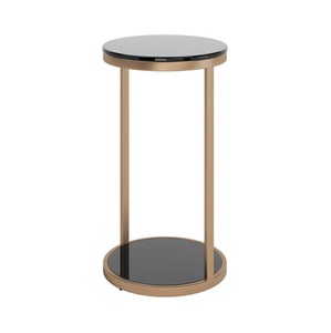 2 Tier <b>Round</b> Champagne <b>Gold</b> <b>Side</b> <b>Table</b> with Black Glass Tops Circular End <b>Table</b> Slim Martini Cocktail Accent <b>Table</b> and Plant - Product Image 1