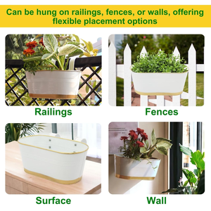 Jardinière suspendue en métal blanc avec bordure dorée et double crochet, support rectangulaire pour pot de fleurs pour balcon et jardin - Product Image 3
