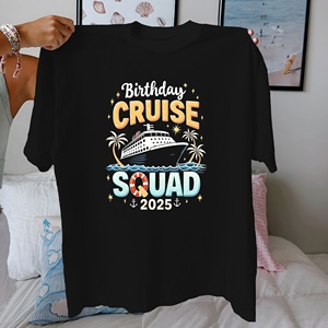Birthday Cruise Squad 2025 Camiseta informal de punto con estampado 100% algodón para mujer, manga corta, ajuste cómodo - Product Image 1
