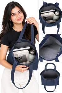 Women Canvas Denim Tote <b>Bag</b> Large Capacity Open Top Casual Daily Use Solid <b>Navy</b> Blue Shoulder Handle - Product Image 5