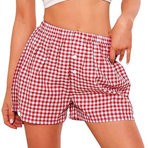 Shorts d'été pour femmes à motif vichy, décontractés, pour la détente et le sommeil, style boxer à carreaux, avec taille élastique, couleur unie, logo, bas de plage - Product Image 1