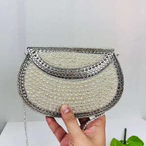 Handmade Modern Women's <b>White</b> Pearl Beaded Clutch <b>Bag</b> Elegant <b>Evening</b> Purse Polished Gold-Plated Metal Frame Weddings Parties - Product Image 1
