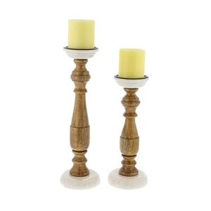 Supports de bougies en bois de style ferme moderne avec accents métalliques finition étain - Ensemble de 3 supports sculpturaux à niveaux pour bougies pilier en bois - Product Image 3