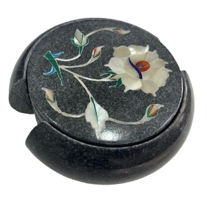 Round black marble <b>coasters</b> with floral inlay handmade natural stone <b>drink</b> <b>coasters</b> with holder decorative marble <b>coaster</b> set - Product Image 1