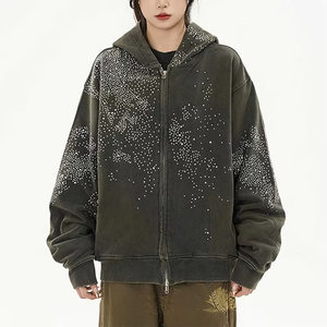 Sudadera con capucha para mujer OEM de alta calidad, oversize, vintage, con lavado ácido, con cremallera completa, con diseño de cara completa y pedrería personalizada - Product Image 1