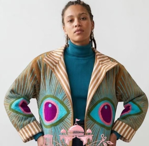 Handcrafted Velvet Breathable Eco-Friendly Winter <b>Quilted</b> Jacket Evil Eye Chain Stitch Embroidery Bohemian Artisanal Shrug <b>for</b> - Product Image 1