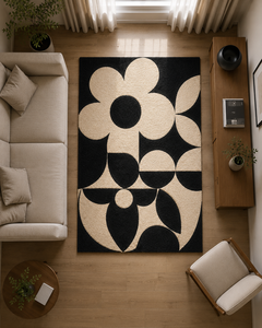 Tapis en laine tufté à la main pour salon, motif rétro marguerite géométrique noir crème, style scandinave années 70, design personnalisé - Product Image 5