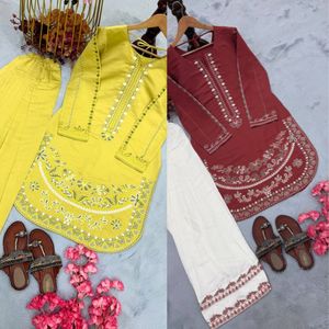 Conjunto de pantalón palazzo de seda romana pura premium con bordados, mangas elegantes y diseño completamente cosido. Este elegante conjunto es étnico. - Product Image 3