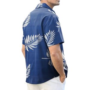 เสื้อเชิ้ตผู้ชายลำลองสีน้ำเงินรอยัล ลายใบเฟิร์นสีขาว แขนสั้น ติดกระดุม สไตล์ฮาวาย แฟชั่นชายหาด - Product Image 2