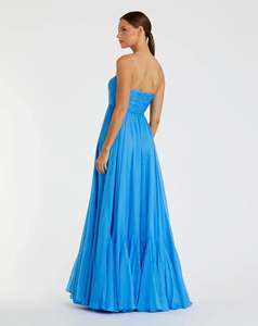 Robe de soirée longue en satin bleu sans bretelles, ornée de perles, anti-plis, taille naturelle, style vintage - Product Image 6