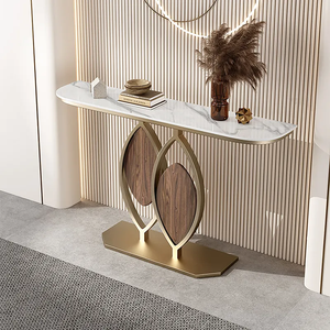 Table console moderne à double base en or et bois, inspirée des feuilles, avec plateau en marbre blanc, disponible à prix de gros. - Product Image 1