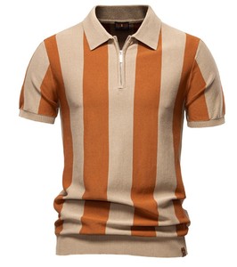 Men's Striped Knitted <b>Polo</b> Shirt Short Sleeve Zipper Casual Design <b>Orange</b> Beige Color Blocked Regular Fit - Product Image 1
