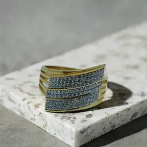 Elegante Anillo Cruzado de Diamantes en Oro Amarillo de 22K para Mujer, Anillo Ancho de Diseño, Joyería Fina, Regalo - Product Image 3