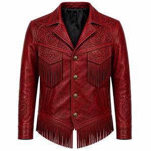 Men's Red Genuine Leather Winter <b>Biker</b> <b>Jacket</b> with Front Pocket Turn-down Collar Single Breasted Vintage Style - Product Image 4