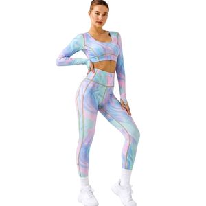 Ensemble de yoga bleu marbré à manches longues, haut court et leggings taille haute, imprimé camouflage abstrait, vêtements de sport pour femmes, tenue de fitness et de yoga - Product Image 5