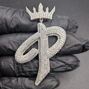 Colgante Personalizado con Letra P y Corona, Plata 925, Moissanita, Estilo Hip Hop, Unisex, Regalo, Joyería - Product Image 1