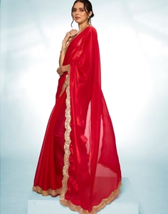 Traditional <b>Red</b> Rayon Silk Saree with Gold Embellished Border and Unstitched <b>Blouse</b> for Wedding and Party Wear - Product Image 6