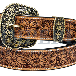 Nouvelle ceinture vintage de style western en cuir pleine fleur sculpté et gaufré, avec motifs floraux tissés et brodés, design unisexe pour jeans - Product Image 1