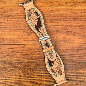 New Real Handmade Genuine <b>Leather</b> Custom Design Western Floral <b>Tooled</b> Painted Watch Bands Boho Western Replacement Watch Straps - Product Image 2