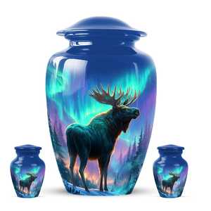 Urna Funeraria para Cenizas Humanas, Diseño Alces y Aurora Boreal, Recuerdo Conmemorativo de la Vida Silvestre, Color Azul - Product Image 5