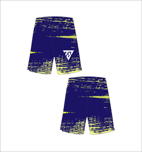 Shorts de bain pour hommes, imprimé bleu marine et jaune, taille élastique, séchage rapide, style sportif, impression par sublimation, logo avant - Product Image 1