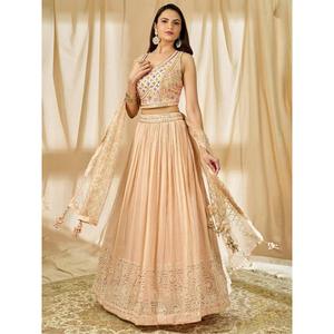 Fabulous <b>Peach</b> Thread Embroidered Georgette Reception Wear Lehenga Choli - Product Image 5