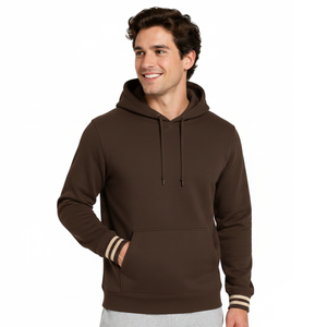 Sweat à capuche marron chocolat pour homme, très demandé, avec poignets rayés crème, style streetwear masculin - Product Image 1