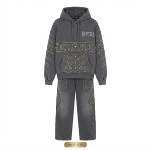 Conjunto Deportivo Personalizado para Mujer, Sudadera con Capucha Extra Grande, Color Gris Oscuro, Estilo Vintage, con Cierre y Bordado, Pantalones Deportivos Anchos de Felpa de Algodón, OEM - Product Image 4