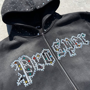 ชุดเซ็ตฮู้ดดี้สองชิ้นผ้าฝ้ายเฟรนช์เทอร์รี่เนื้อหนาสำหรับผู้ชาย สไตล์วินเทจแบบสั่งทำพิเศษ ล้างสีซีดแบบซันเฟด ประดับด้วยคริสตัล ทรงโอเวอร์ไซส์ - Product Image 4