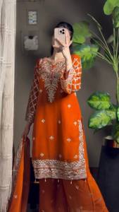 Orange Embroidered Salwar Kameez Set Women Ethnic <b>Dress</b> Pakistani Style Party Wedding Outfit - Product Image 3