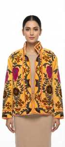 Veste en velours brodée Suzani pour femme, manches longues, style kimono ouvert sur le devant, travail au fil de soie, tenue de soirée - Product Image 5