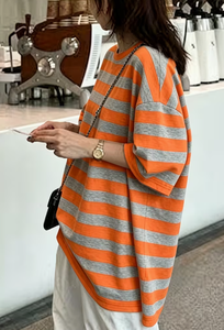 Plus Size Women's <b>Patchwork</b> Anti-Wrinkle O-Neck Pullover Short Sleeve 100% Cotton Casual Summer Knit Tee - Product Image 4