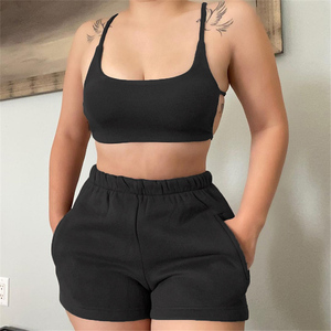 Women's Black Sporty Crop Top & Shorts <b>Set</b> <b>Square</b> Neck Sleeveless Elastic Waist Solid Color Breathable Summer Activewear - Product Image 1