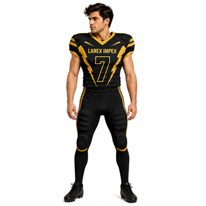 Uniforme de Fútbol Americano Personalizado para Hombre, Conjunto de Jersey y Pantalones con Estampado por Sublimación en Negro y Dorado, Número 7, Poliéster Transpirable - Product Image 1